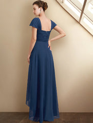 Aimishang  A-Line Mother of the Bride Dress Wedding Guest Elegant High Low Square Neck Asymmetrical Tea Length Chiffon Lace Cap Sleeve Fall Wrap Included with Sequin Appliques Side-Draped