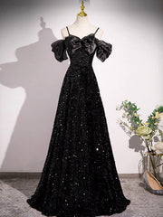 A-line Off Shoulder Velvet Sequin Long Prom Dress, Black Long Formal Dress