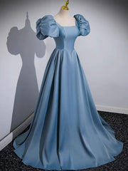 A-Line Satin Blue Long Prom Dress, Blue Long Formal Dress