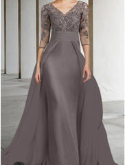 Aimishang  A-Line Mother of the Bride Dress Wedding Guest Elegant V Neck Floor Length Chiffon Lace Half Sleeve with Ruching Solid Color