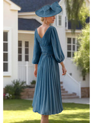 Aimishang A-Line Formal Mother of the Bride Dress V Neck Tea Length Chiffon 3/4 Length Sleeve with Lace