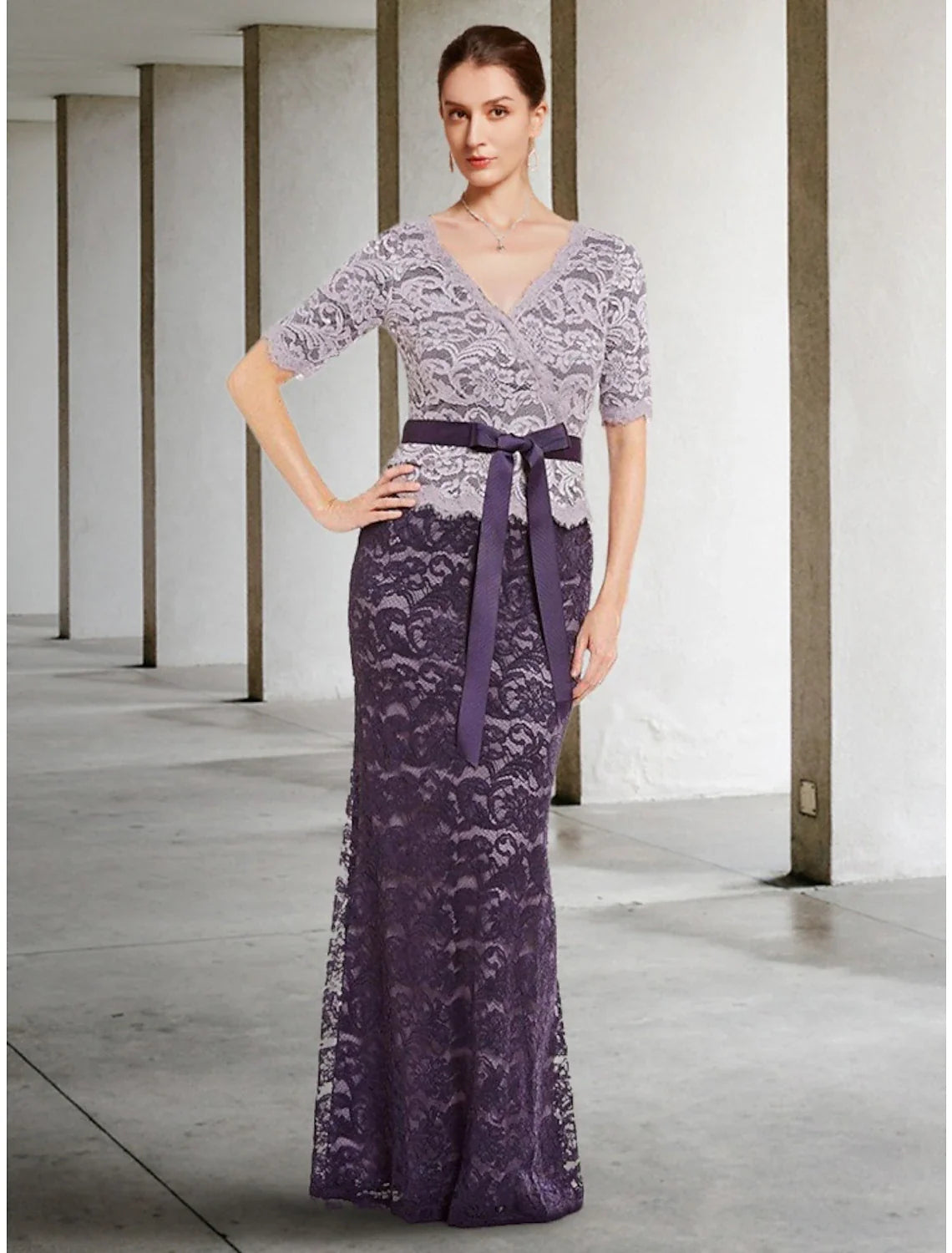 Aimishang  A-Line Mother of the Bride Dress Wedding Guest Elegant V Neck Floor Length Lace Short Sleeve with Bow(s) Ruching