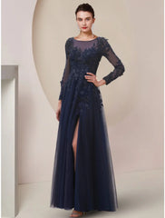 Aimishang  A-Line Mother of the Bride Dress Wedding Guest Elegant Scoop Neck Ankle Length Lace Tulle Long Sleeve with Split Front Ruching