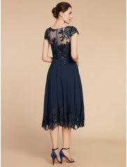 Aimishang  A-Line Mother of the Bride Dress Wedding Guest Elegant Petite Scoop Neck Tea Length Chiffon Lace Cap Sleeve with Sequin Ruching Solid Color