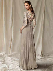Aimishang A-Line Mother of the Bride Dress Wedding Guest Plus Size Elegant V Neck Floor Length Chiffon Lace Half Sleeve with Pleats Appliques