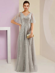 Aimishang  Sheath / Column Mother of the Bride Dress Party Sparkle & Shine V Neck Floor Length Lace Tulle Short Sleeve with Pleats Sequin