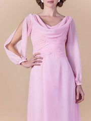 Sheath / Column Mother of the Bride Dress Vintage Inspired Cowl Neck Floor Length Chiffon Long Sleeve with Criss Cross Ruched