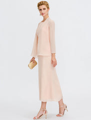 Aimishang  Two Piece Sheath / Column Mother of the Bride Dress Wedding Guest Plus Size Elegant with Jacket Long Sleeve Scoop Neck Tea Length Chiffon Sash / Ribbon Pleats Beadin