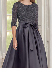Aimishang A-Line Mother of the Bride Dress Wedding Guest Elegant Scoop Neck Asymmetrical Satin Half Sleeve with Bow(s) Sequin Ruching