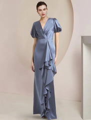 Aimishang A-Line Mother of the Bride Dress Formal Wedding Guest Party Elegant V Neck Sweep / Brush Train Satin Short Sleeve with Cascading Ruffles