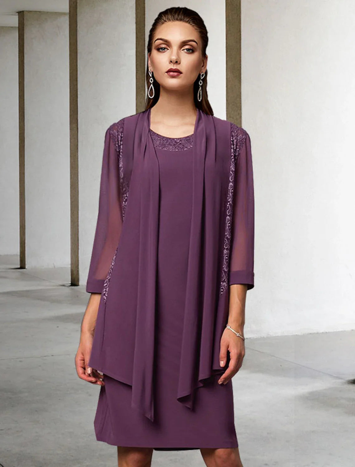 Aimishang  Two Piece Sheath / Column Mother of the Bride Dress Elegant Jewel Neck Knee Length Chiffon Lace Sleeveless Jacket Dresses with Solid Color