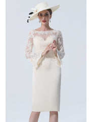 Aimishang  Sheath / Column Mother of the Bride Dress Vintage Plus Size Elegant Jewel Neck Knee Length Satin Lace Long Sleeve with Lace