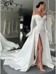 A-Line Evening Gown Elegant Dress Formal Court Train Long Sleeve Off Shoulder Satin with Buttons Pleats Slit