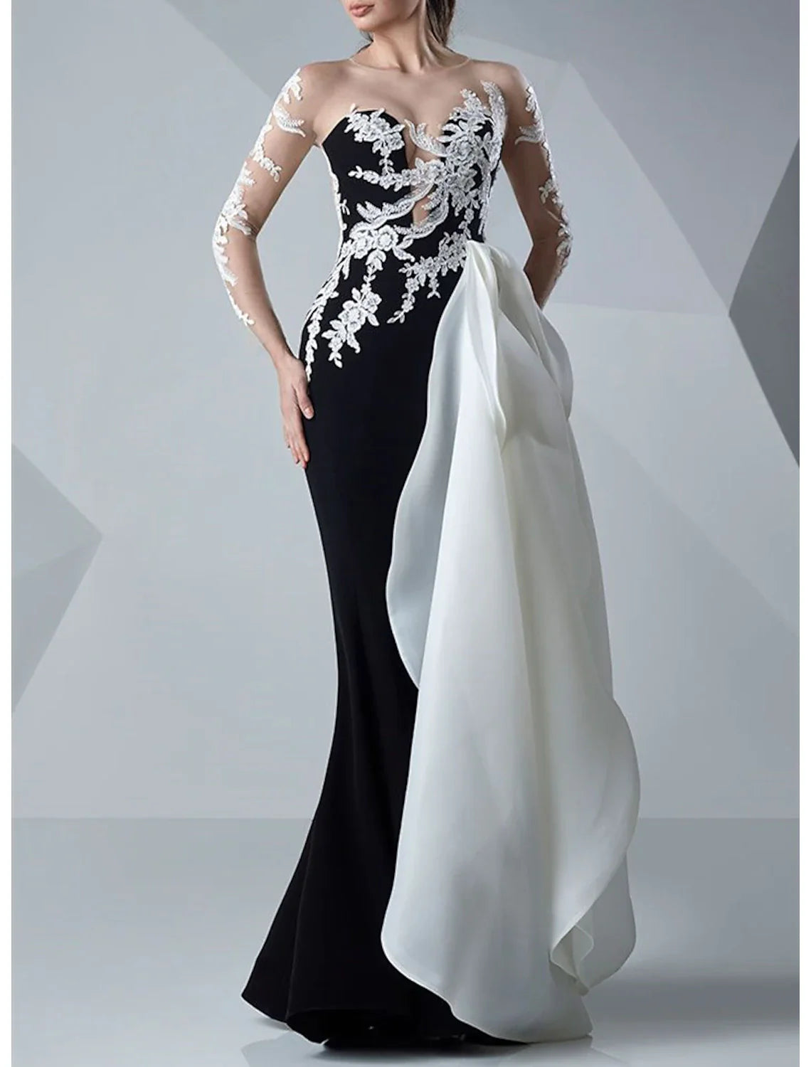 Mermaid / Trumpet Evening Gown Color Block Dress Formal Wedding Guest Floor Length Long Sleeve Jewel Neck Satin with Appliques