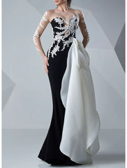 Mermaid / Trumpet Evening Gown Color Block Dress Formal Wedding Guest Floor Length Long Sleeve Jewel Neck Satin with Appliques