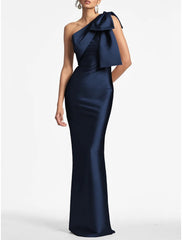 Satin Mermaid Party Dress Evening Gown Champagne Black Elegant Dress Formal Fall Ankle Length Sleeveless One Shoulder with Bow(s) Slit