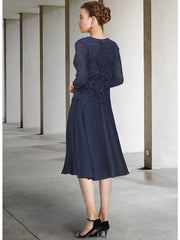 Two Piece A-Line Mother of the Bride Dress Elegant Jewel Neck Knee Length Chiffon Lace 3/4 Length Sleeve with Bow(s)