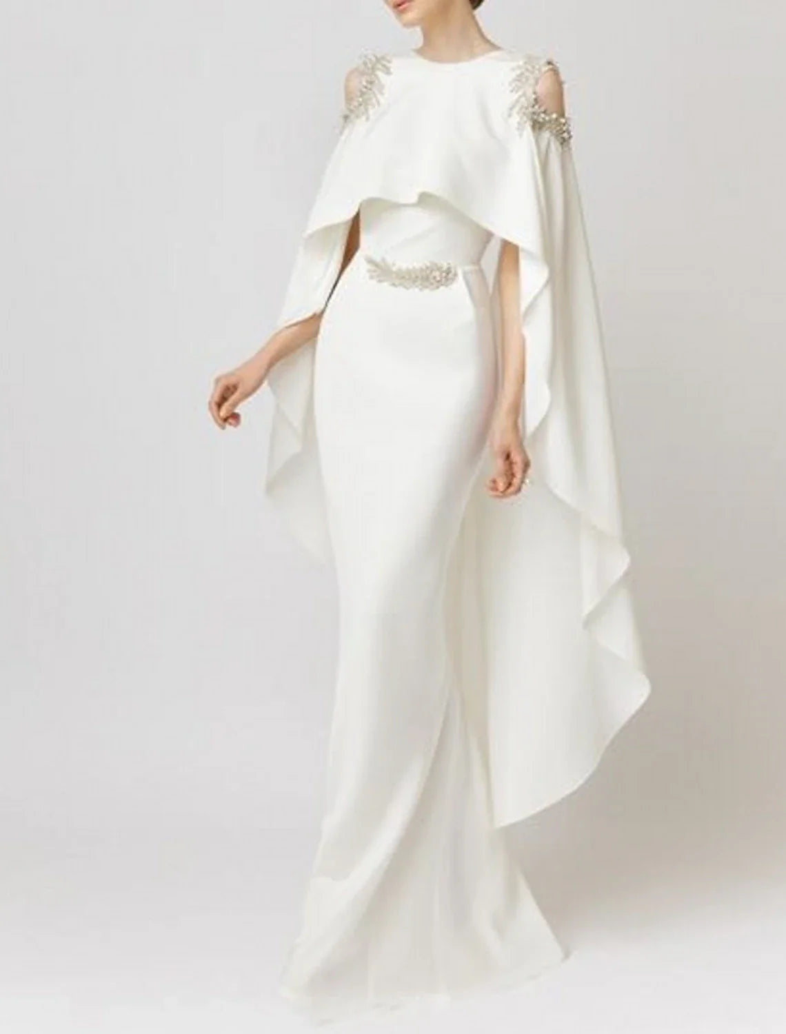 Mermaid / Trumpet Evening Gown Elegant Dress Formal Wedding Guest Floor Length Sleeveless Jewel Neck Capes Stretch Chiffon with Appliques