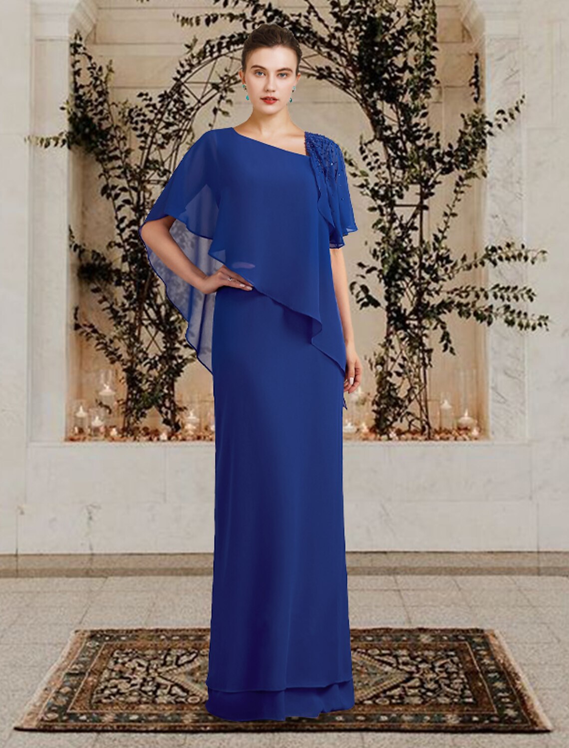Aimishang  Sheath / Column Mother of the Bride Dress Plus Size Elegant Bateau Neck Floor Length Chiffon Short Sleeve with Beading Ruffles