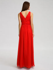A-Line Bridesmaid Dress V Neck Sleeveless Open Back Floor Length Chiffon with Criss Cross / Draping / Side Draping