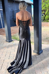 Mermaid Sweetheart Black Long Satin Prom Dresses