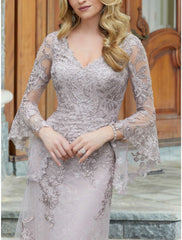Aimishang A-Line Mother of the Bride Dress Wedding Guest Elegant V Neck Floor Length Lace Long Sleeve with Ruching Solid Color