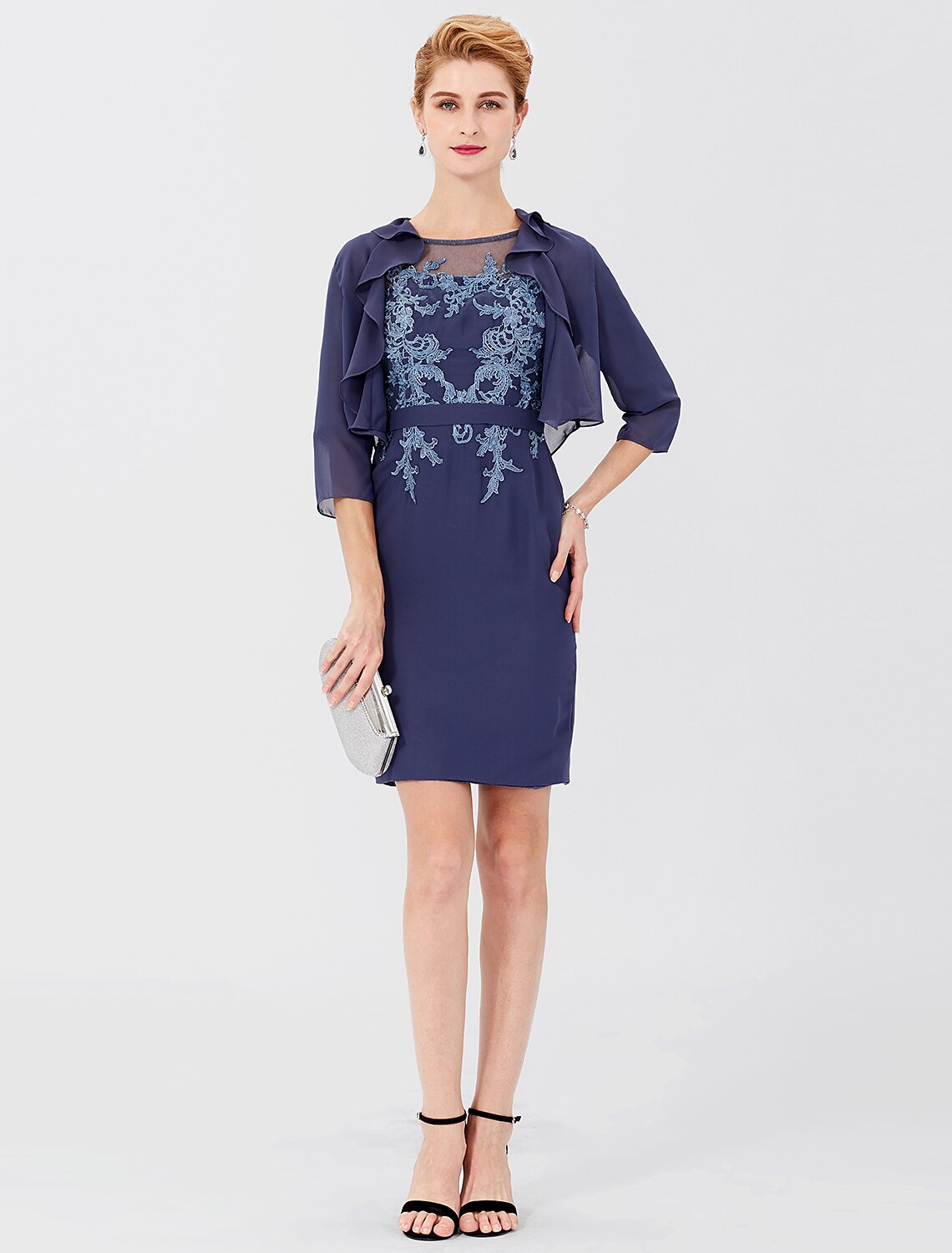 Aimishang Sheath / Column Mother of the Bride Dress Formal Classic & Timeless Elegant & Luxurious Convertible Dress Illusion Neck Knee Length Chiffon 3/4 Length Sleeve yes with Sash / Ribbon