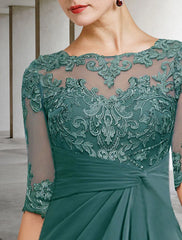 Sheath / Column Mother of the Bride Dress Plus Size Elegant Jewel Neck Floor Length Chiffon Lace Short Sleeve with Appliques Side-Draped