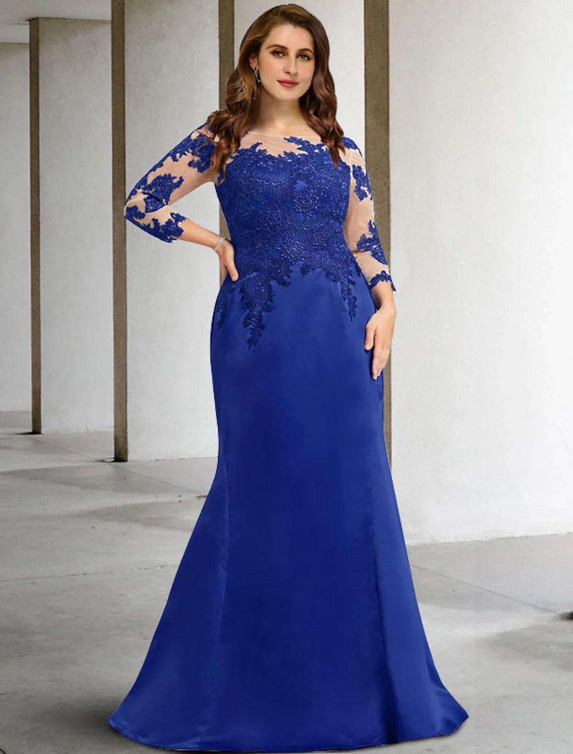 Aimishang  Mermaid / Trumpet Mother of the Bride Dress Plus Size Hide Belly Elegant Jewel Neck Floor Length Chiffon Lace 3/4 Length Sleeve No with Appliques