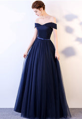 Blue Tulle Long Prom Dresses, A-Line Evening Dresses