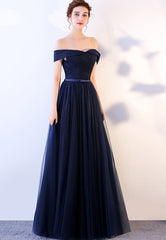 Blue Tulle Long Prom Dresses, A-Line Evening Dresses
