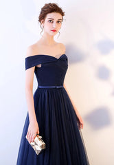 Blue Tulle Long Prom Dresses, A-Line Evening Dresses