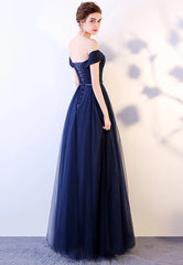 Blue Tulle Long Prom Dresses, A-Line Evening Dresses