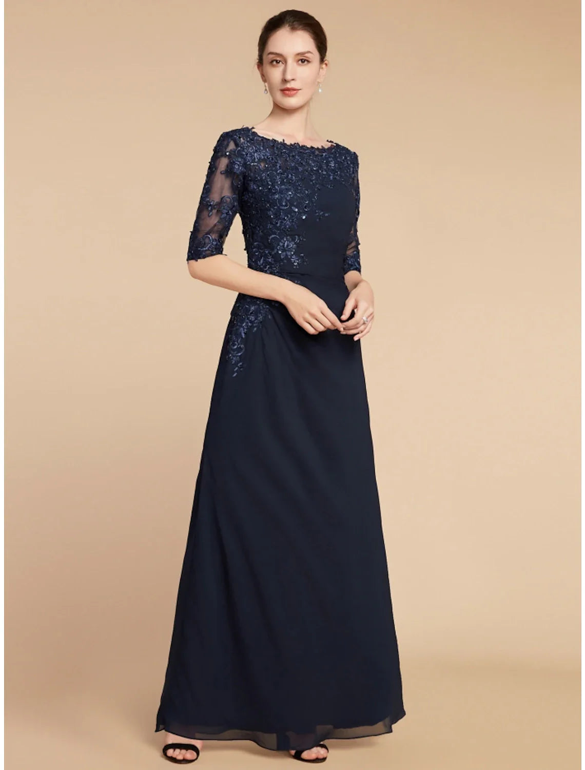 Aimishang  Sheath / Column Mother of the Bride Dress Wedding Guest Elegant Scoop Neck Ankle Length Chiffon Lace Half Sleeve with Sequin Ruching Solid Color