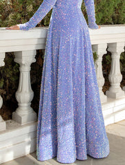 A-Line Prom Dresses Party Dress Formal Floor Length Sleeveless V Neck Sequined with Pleats Sequin