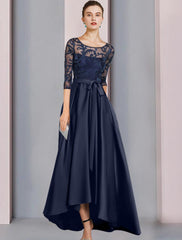 Aimishang A-Line Mother of the Bride Dress Wedding Guest Elegant High Low Scoop Neck Asymmetrical Floor Length Satin Lace Half Sleeve with Bow(s) Pleats Appliques