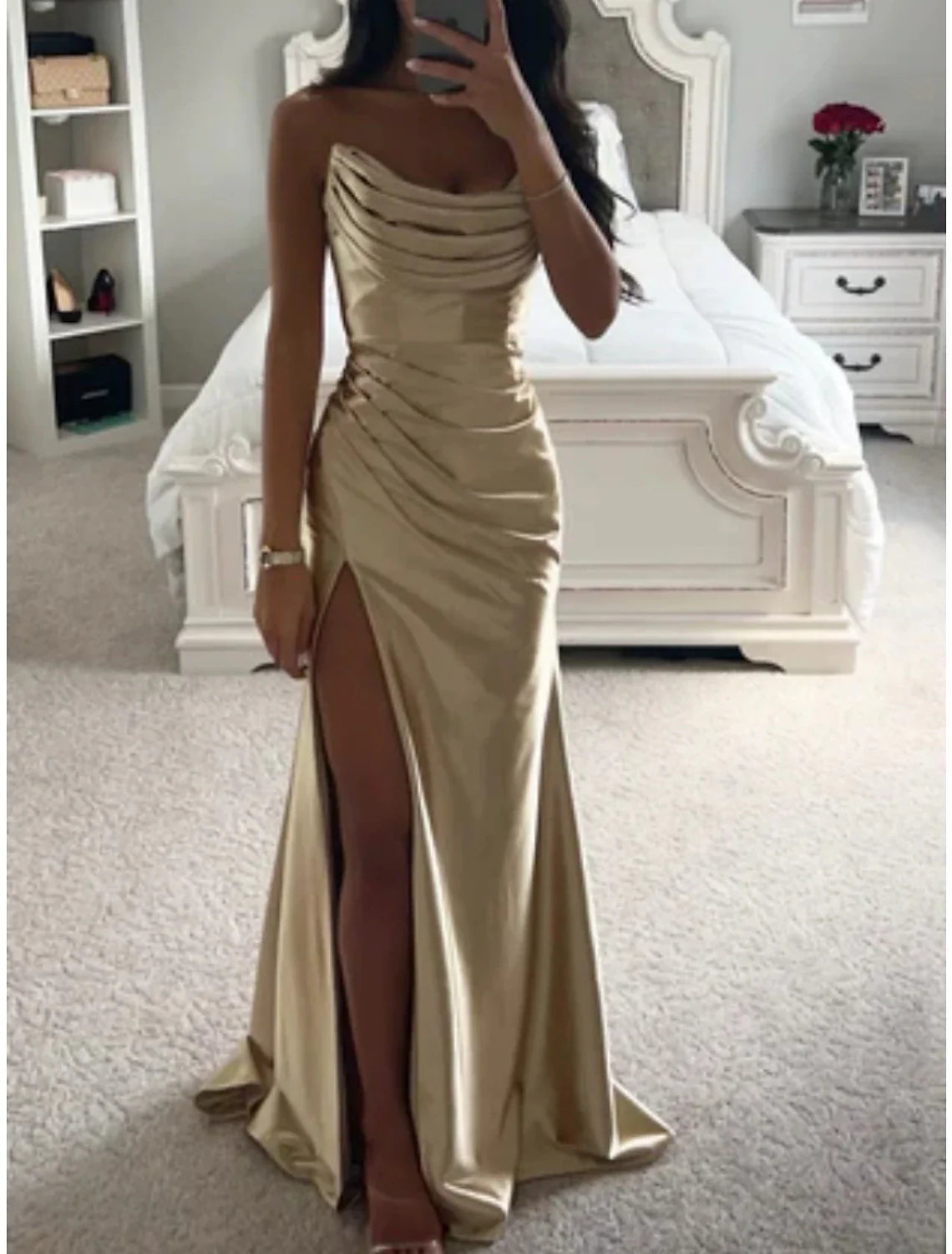 A-Line Bridesmaid Dress Strapless Sleeveless Elegant Sweep / Brush Train Stretch Satin with Split Front / Ruching