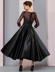 Aimishang  A-Line Mother of the Bride Dress Formal Wedding Guest Party Elegant Scoop Neck Tea Length Satin Lace 3/4 Length Sleeve with Sash / Ribbon Pleats