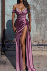 Dusty Blue Long Mermaid Off-the-Shoulder Satin Formal Prom Dress with Slit