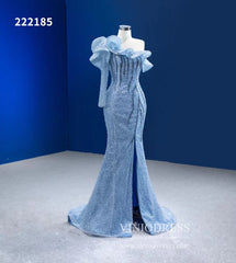 Dusty Blue Pageant Dress One Shoulder Long Sleeve Mermaid Formal Evening Gowns 222185
