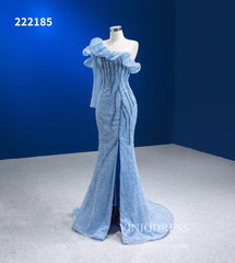 Dusty Blue Pageant Dress One Shoulder Long Sleeve Mermaid Formal Evening Gowns 222185