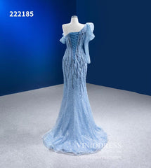 Dusty Blue Pageant Dress One Shoulder Long Sleeve Mermaid Formal Evening Gowns 222185