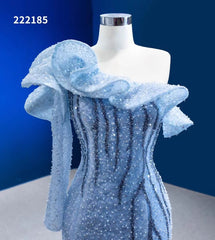 Dusty Blue Pageant Dress One Shoulder Long Sleeve Mermaid Formal Evening Gowns 222185