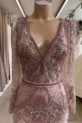 Dusty Pink Tulle Crystal Long Sleeve V-Neck Prom Dress with Beads