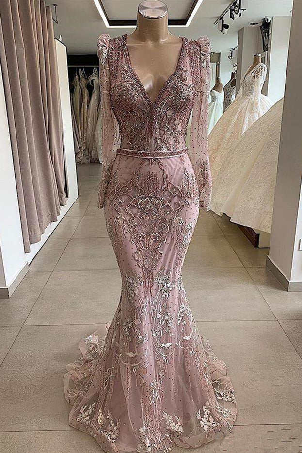 Dusty Pink Tulle Crystal Long Sleeve V-Neck Prom Dress with Beads