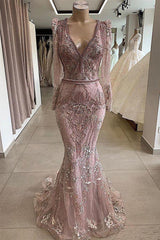 Dusty Pink Tulle Crystal Long Sleeve V-Neck Prom Dress with Beads