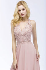 Dusty Rose Evening Dress Lace Chiffon Long Bridesmaid Dresses