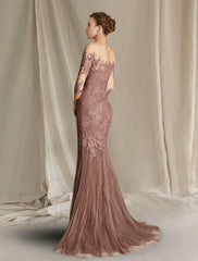 Aimishang  Mermaid / Trumpet Mother of the Bride Dress Formal Wedding Guest Elegant Scoop Neck Sweep / Brush Train Lace Tulle Half Sleeve with Appliques