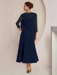 Aimishang  Two Piece A-Line Mother of the Bride Dress Formal Wedding Guest Elegant Scoop Neck Tea Length Chiffon Lace 3/4 Length Sleeve Jacket Dresses with Sash / Ribbon Appliques