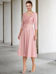 A-Line Mother of the Bride Dress Vintage Elegant V Neck Tea Length Satin Lace Half Sleeve with Appliques Side-Draped
